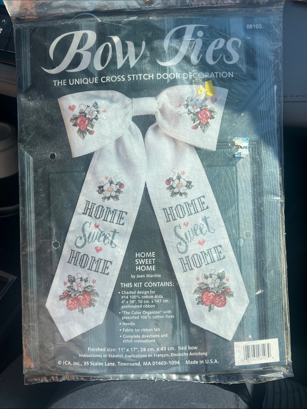 Vintage Bow Ties "Home Sweet Home" Cross Stitch Door Bow White with Pink Floral